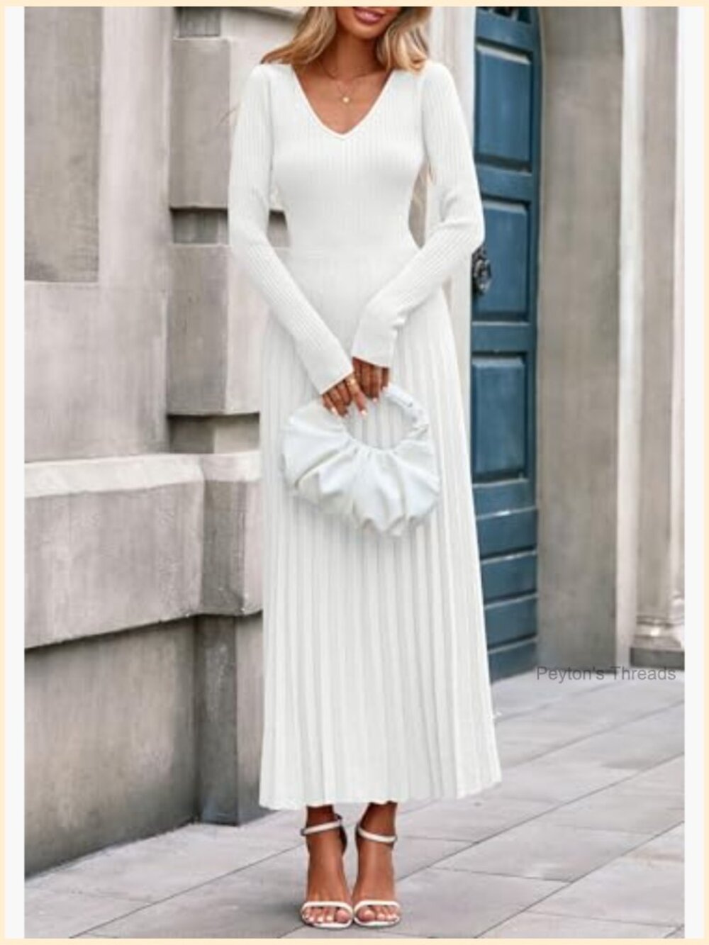 Long Sleeve V-Neck Ribbed Knit Pleated A-Line Maxi Sweater Dress - Picture 4 of 7